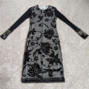 🇺🇸 Viviana Gabeiras Sheer Black Velvet Burnout Floral LS Bodycon Midi Dress